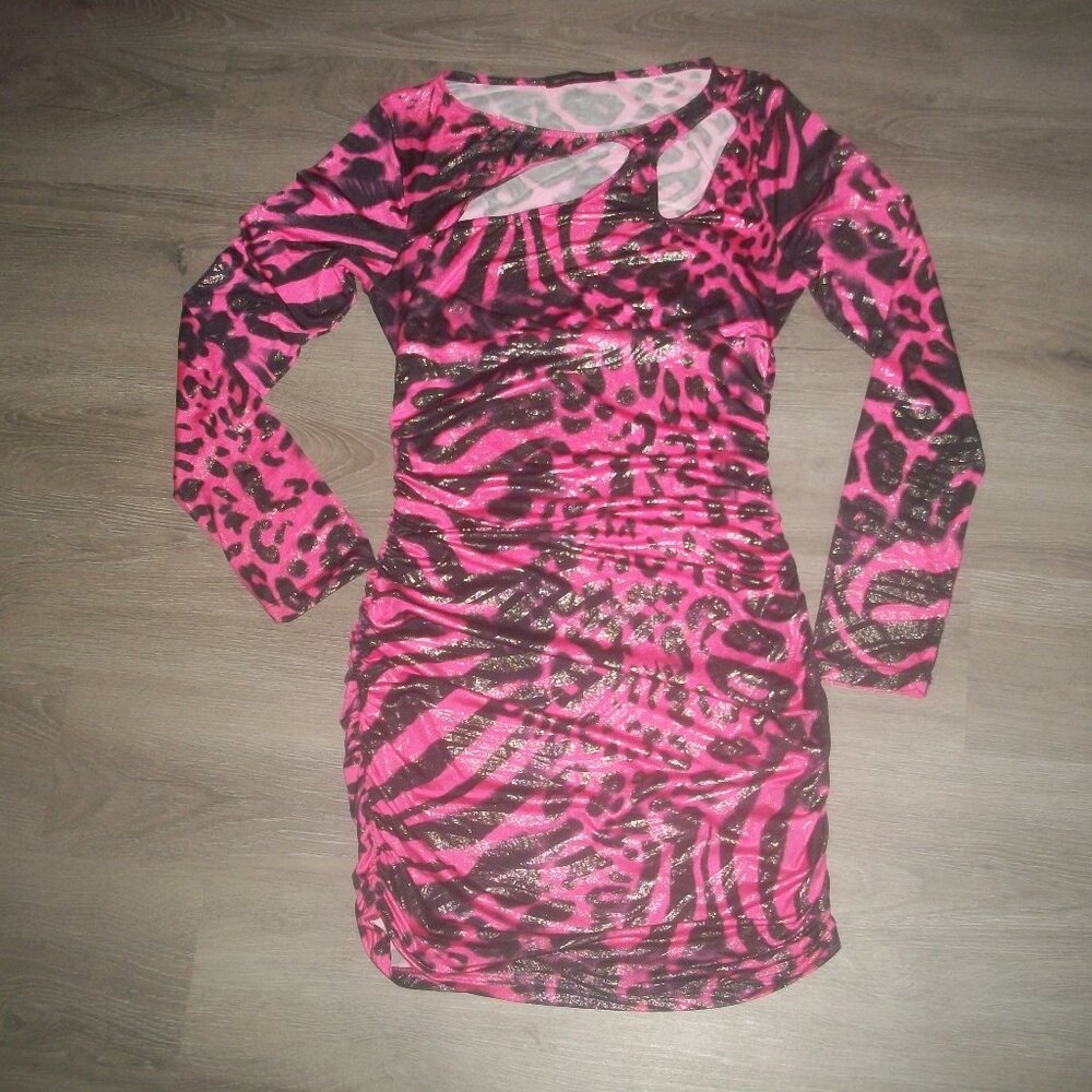 womens shiny metallic dress.keyhole opening.long sleeve.animal print.size medium